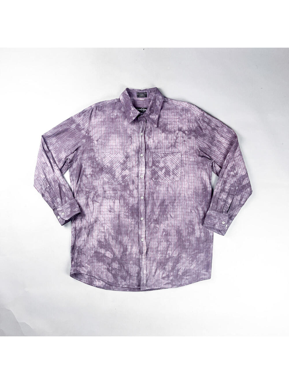 Vintage Button Up, Men's Long Sleeve Purple Tie-Dye Checkered Shirt